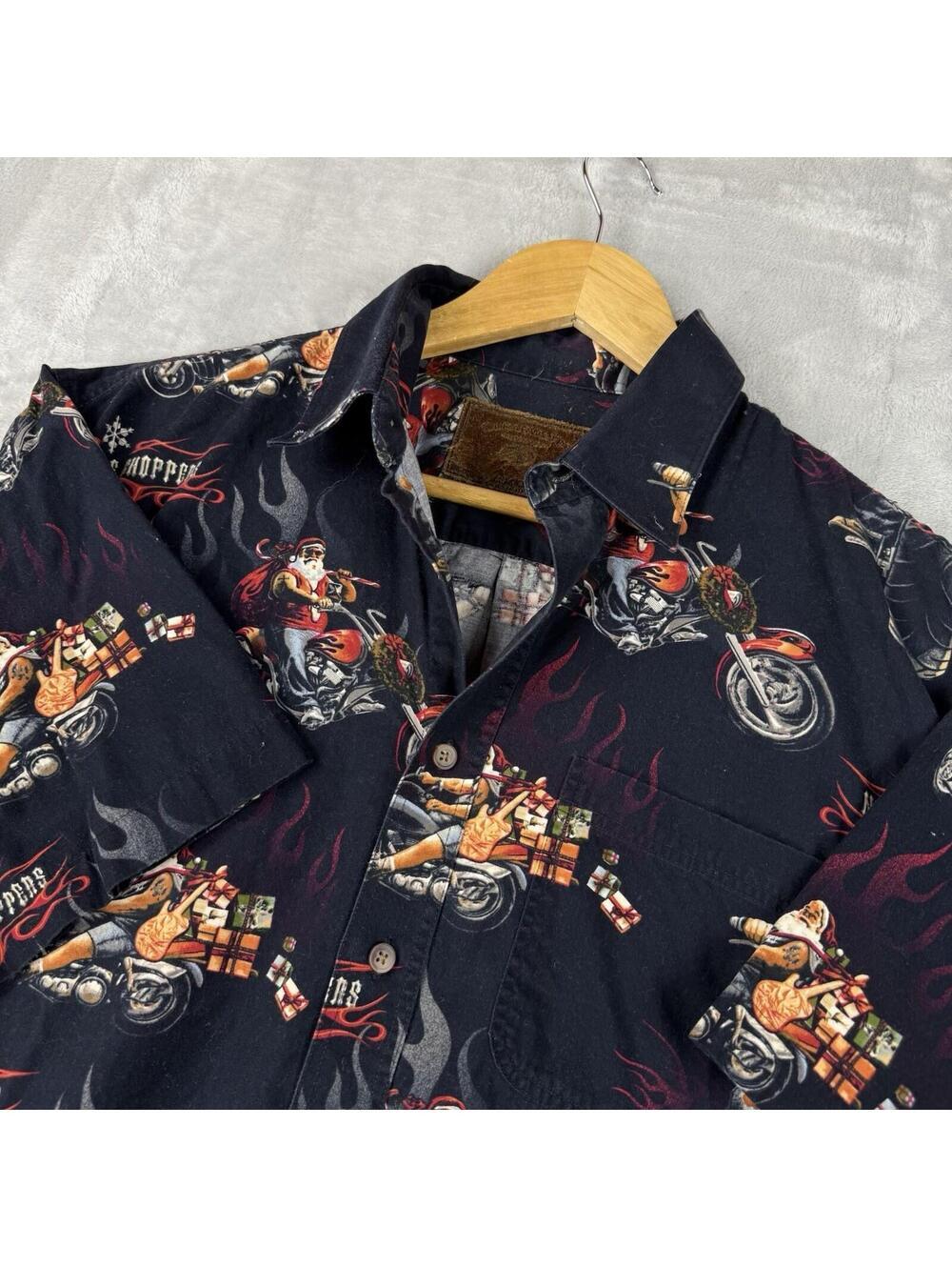 North Pole Choppers Santa Motorcycle Shirt Black Graphic Button Up Size S Y2K